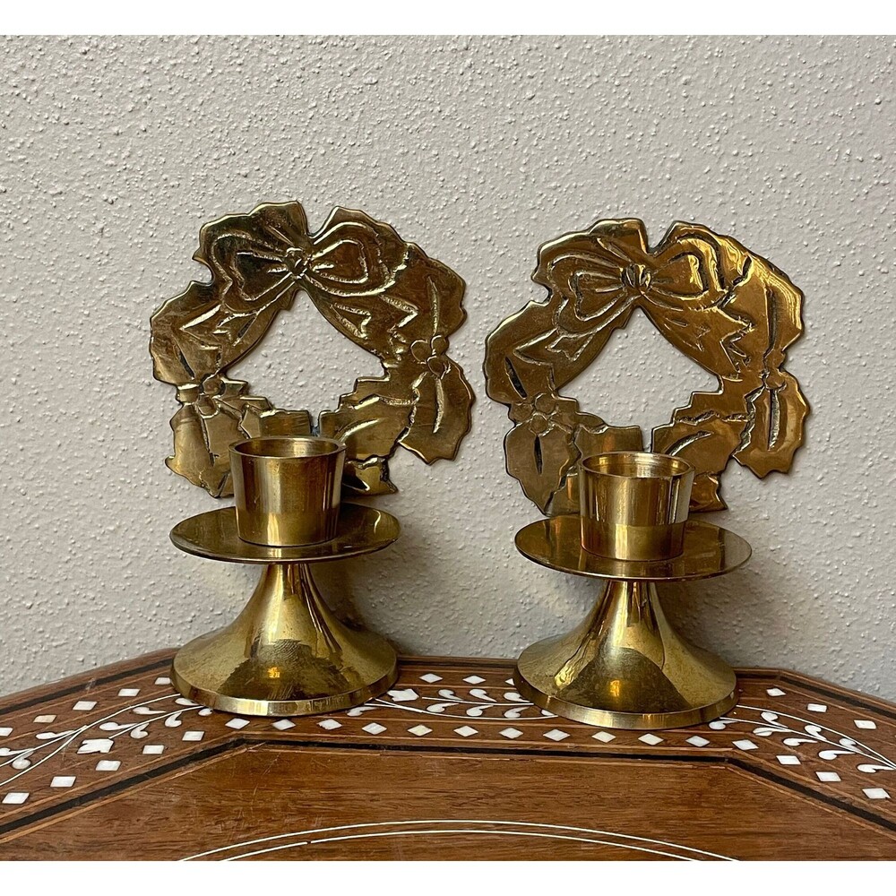 Vintage Brass Wreath Candlestick Holders Set Of 2 Made In India